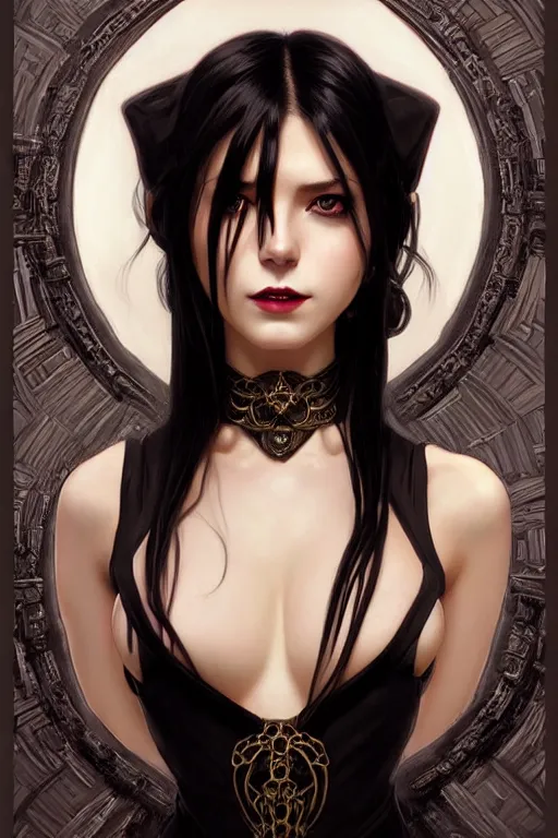 Image similar to Portrait of seductive female necromancer, D&D, revealing stylish dress, choker on neck, long black hair, mouth slightly open, slight nerdy smile, fantasy, intricate, elegant, highly detailed, digital painting, artstation, concept art, smooth, sharp focus, illustration, art by artgerm and greg rutkowski and alphonse mucha