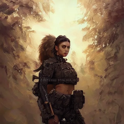 Prompt: portrait of nina dobrev as an army soldier, looking at camera, d & d, intricate, elegant, stylish, fierce look, fantasy, extremely detailed, digital painting, artstation, concept art, smooth, sharp focus, illustration, stunning lighting, art by artgerm and greg rutkowski and alphonse mucha and simon stalenhag.