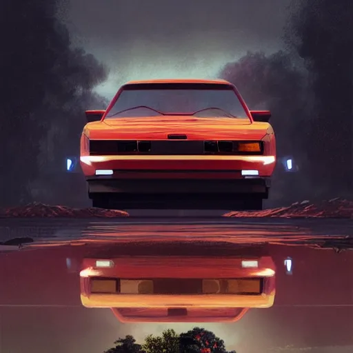 Image similar to detailed intricate digital illustration by greg rutkowski and artgerm and wlop and sanford robinson gifford ; 1 9 9 4 vehicle, 1 3 mm film, wide angle arri alfa anamorphic lens ; bright, vintage headlights and 1 9 9 0 s design ; sharp focus, soft evening lighting