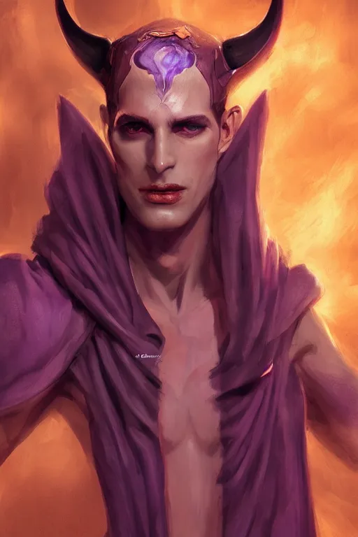 Image similar to djinn man male demon, warlock, portrait, concept art, purple cloak, single face, illustration, costume design, white spiral horns, editorial photo, fashion, hyperrealism, realism, trending on artstation, Charlie Bowater, WLOP