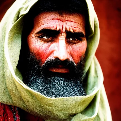 Image similar to portrait of stavros halkias as afghan man, green eyes and red scarf looking intently, photograph by steve mccurry