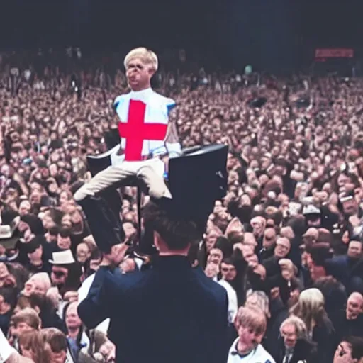 Prompt: Franz Ferdinand with Napoleon in 2022 London putting Boris Johnson on the cross Infront of a crowd of 50000 people