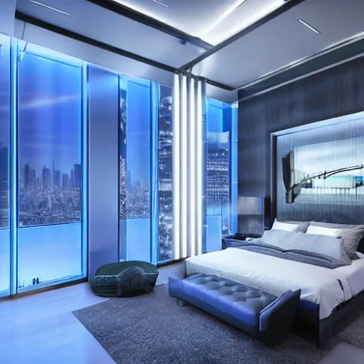 Image similar to a futuristic luxury white bedroom with ceiling high windows looking out to a cyberpunk cityscape with flying cars, night time, neon lights, cinematic 3d render