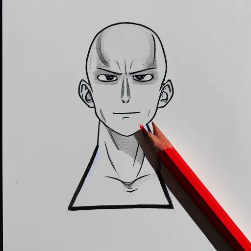 Image similar to schematic drawing of Saitama with pencils and triangle ruler lying next to the drawing
