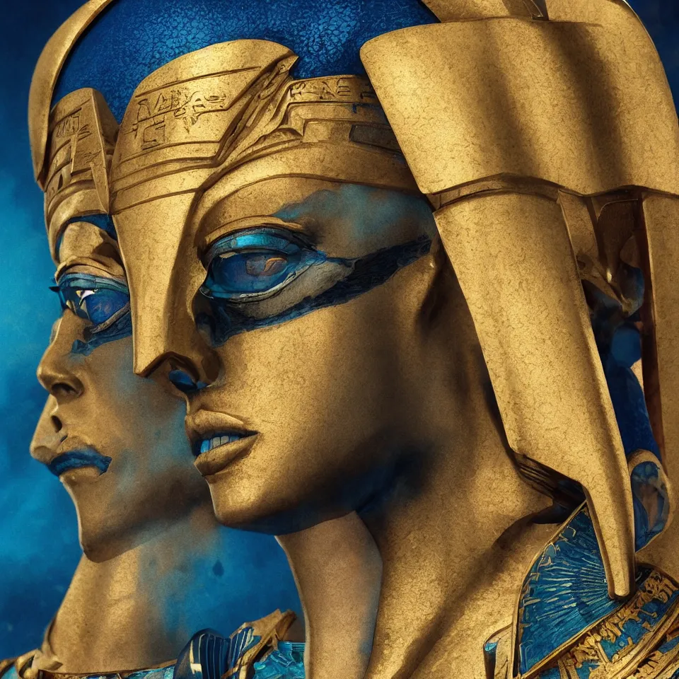 Image similar to watercolor side portrait , fantasy , Pharaoh , ancient Egypt , high details , HD , gold accessories , blue Egyptian bug , hyper realistic , sci-fi neon background , octane render