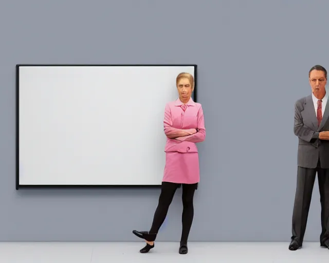 Prompt: a man standing next to a woman in front of a whiteboard, a computer rendering by Richard Artschwager, behance, modular constructivism, matte drawing, matte painting, studio portrait, diorama