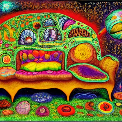 Prompt: psychedelic trippy couch in forest, planets, flowers, mushrooms milky way, sofa, cartoon by giuseppe arcimboldo