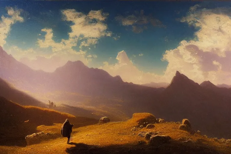 Prompt: a traveler wandering trough the mountains looking at the clouds, hyperdetailed, focused, oil painting, cinematic lighting, albert bierstadt, trending on artstation, colorful, canvas, sunset, centered, hans dahl, theodor kittelsen, hermann hendrich, national geographic, Konstantin Yakovlevich Kryzhitsky, beautiful nature, breathtaking, nordic, photorealistic