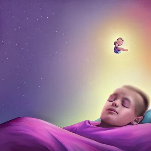 Image similar to A wide shot of a child asleep in bed, their dream hovering over their head like a hologram, beautiful digital painting