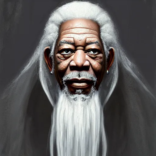 Image similar to evil morgan freeman as evil wizard saurman the white, long white hair and white beard, beautiful pure white warlock flowing robes, long black wizard staff by alan lee, lord of the rings, smooth, oil painting, matte painting, concept art, trending on artstation, promotional artwork, film still, elegant, photorealistic facial features, intricate, detailed face, cinematic lighting