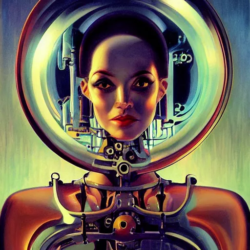 Prompt: detailed face of a woman, clockwork biomechanical woman, moment, undersea glass tunnel, electronic billboards, tech noir, wet reflections, prism, atmospheric, ambient, pj crook, syd mead, livia prima, greg rutkowski, edward hopper