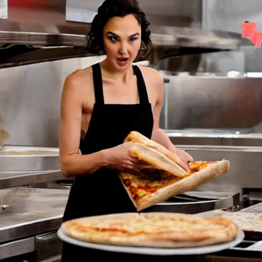 Image similar to Gal Gadot wearing a long black dress and flipping pizza dough in a pizzeria.