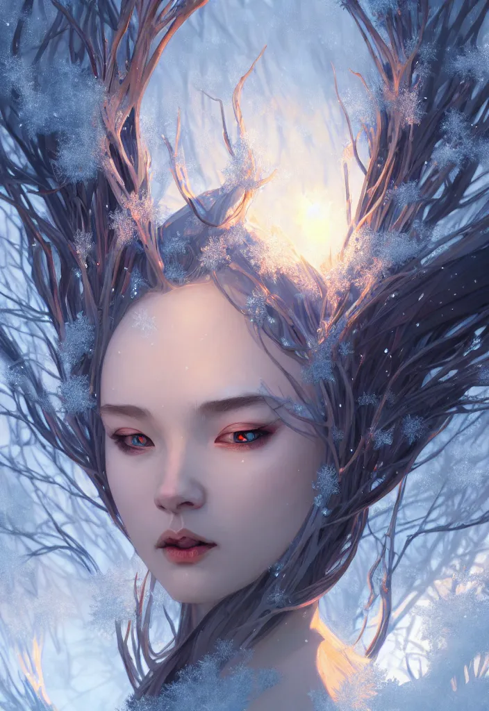 Image similar to panoramic shot of a beautiful ancient frost witch, eye fire, snow glow, snowfall, highly detailed, digital painting, artstation, sharp focus, illustration, art by tan zi and ayanamikodon and alphonse mucha and wlop