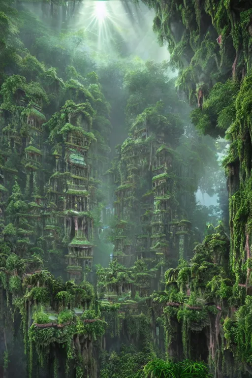 Prompt: ancient fractal temple megastructure in the hanging gardens of a radiant forest jungle, overgrown garden, scanned earth terrain fractal bridges, highly detailed erosion algorithm landscape, by albert bierdstat, by glenn small, high resolution, 8 k photorealism, populated by luminous beings, god rays in volumes of fog, looking up perspective