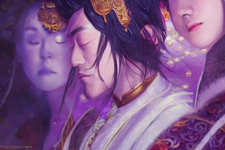 Image similar to a cinematic portrait of wedding photograph jpeg close up moment of a divine a japan sun god and moon goddess lovers magician at a wedding banquet. portraiture. digital painting. artstation. concept art. wedding photo. digital painting, 8 k realistic, hyper detailed, violet evergarden art masterpiece by art by krenz cushart