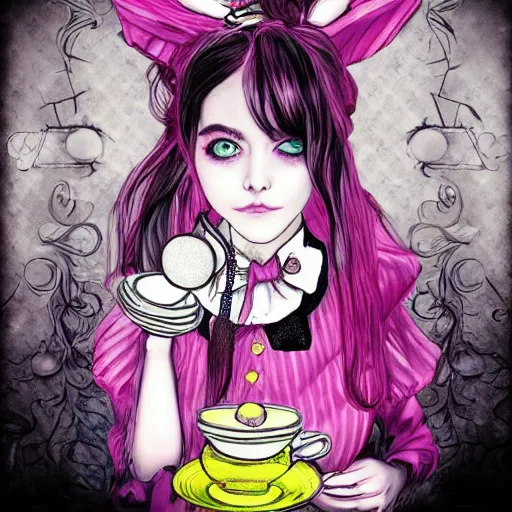 Prompt: 2 figures, Alice in Wonderland having a tea party with the Mad Hatter, in the style of Magic Realism, inspired by shoujo manga, harajuku street fashion, John Singer Sargent, Möbius, Neil Gaiman, yayoi kusama, Grimes, pastel goth, dramatic composition, ethereal, gradients and chromatic aberration effects, Victorian, moody, photorealistic 4k detail, Arnold render