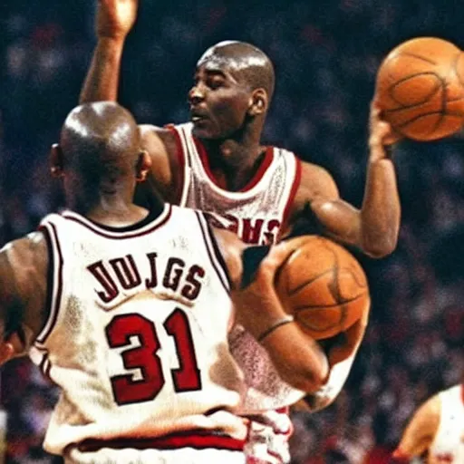 Image similar to frodo baggins blocking michael jordan, nba