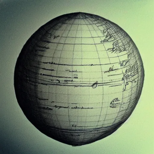 Prompt: “an old engineering sketch in a notebook, of a hot air balloon flying between clouds, the balloon fabric is made of a round spherical world map of the earth. sepia”