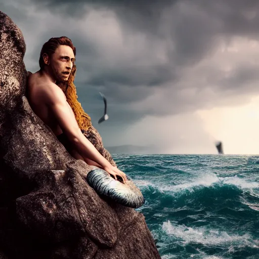 Image similar to Tom Hiddlestone as a beautiful mermaid sitting on a rock in the middle of a stormy ocean, watching the seagulls flying above him, hyperrealistic, hyperdetailed, depth of field, High definition, 8k, octane render, artstation