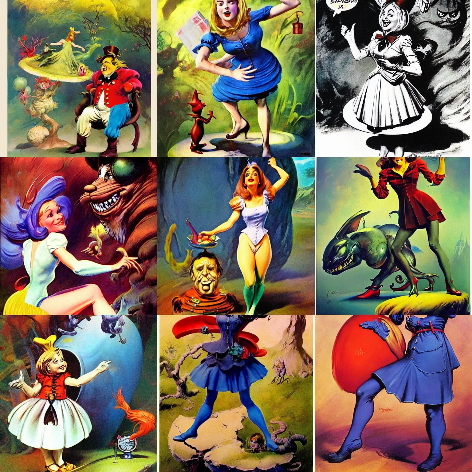 Prompt: Worksafe. Fully clothed. Alice in Wonderland, she is expressing joy. By Frank Frazetta and Boris Vallejo.
