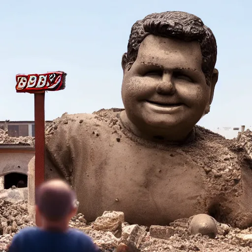 Prompt: a Bobs Big Boy statue being excavated from the ruins of Pompeii, ultra detailed, 8k resolution, ultrarealistic