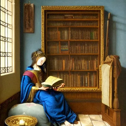 Image similar to a highly detailed fantasy pastel oil painting of a young wizard in ornate clothing lounging on a purpur pillow on the marble floor in front of her bookcase, studying an ancient tome. to the side is a potted plant and some blue candles. ancient oriental fantasy setting. in the style vermeer and mark tedin