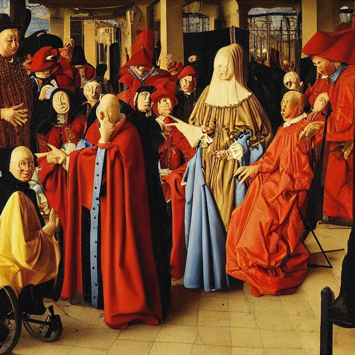 Image similar to a sad woman in a wheelchair surrounded by dancers, by Jan van Eyck