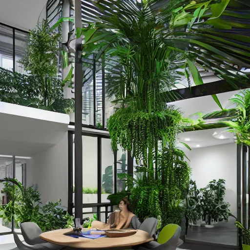 Prompt: The atrium of a refurbished contemporary building filled with tropical plants, 4k, octane render, vray render, 3ds max, concept art