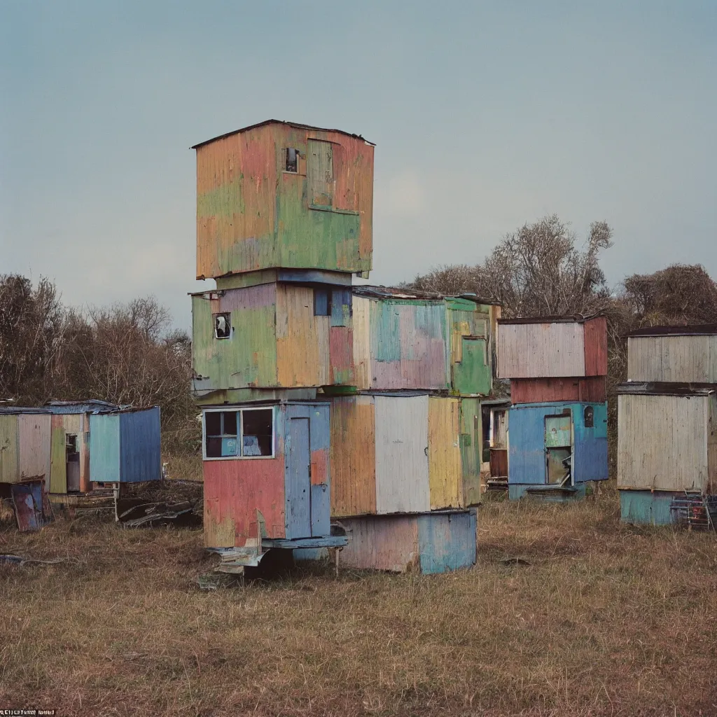 Prompt: two towers made up of colourful makeshift squatter shacks with faded colours, plain uniform sky at the back, soft focus, mamiya rb 6 7, f 1. 8, photographed by uta barth