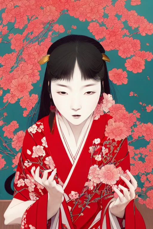 Prompt: tamura yoshiyasu and callarin and kunatata and james jean, a beautiful illustration, cute girl in red kimono, perfect features, rabbit ears, room with flowers + plants + waves + oriental pattern elements, illustration, rich colors, sharp edges, noise reduction, fine work, 8 k, hd, unreal engine