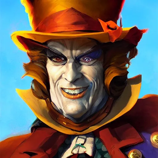 Image similar to greg manchess portrait painting of partially armored mad hatter from alice in wonderland as overwatch character, wacky, medium shot, asymmetrical, profile picture, organic painting, sunny day, matte painting, bold shapes, hard edges, street art, trending on artstation, by huang guangjian and gil elvgren and jesper ejsing