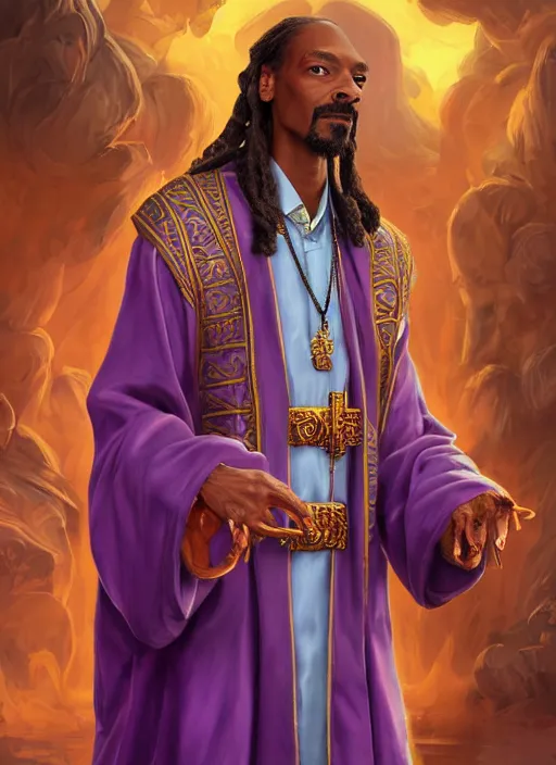 Image similar to snoop dogg as a mage, short beard, grumpy, intricate purple robes, Ivan Aivakovsky, Boris Vallejo, epic fantasy character art, D&D Concept Art, full length, ultra Realistic, Regal, Refined, Detailed Digital Art, Exquisite detail, post-processing, masterpiece, Cinematic Lighting, Unreal Engine, 8k, HD