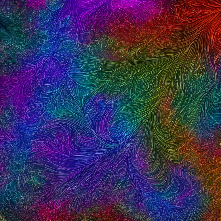 Image similar to an highly detailed irregular warped fractal of feathers by Emek Golan, background of outer space neon nebulas by Pilar Gogar, 8k hdr octane render