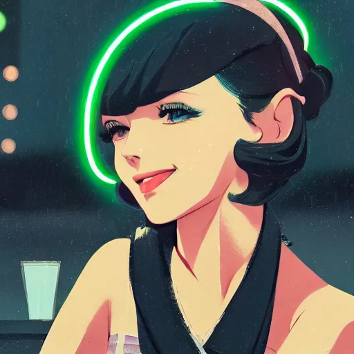 Image similar to portrait of beautiful girl with dark hair dressed in 1920's style, sitting in cafe alone, nighttime, low-key neon lighting, 4k, HQ, official media, anime key visual, makoto shinkai, ilya kuvshinov, lois van baarle, rossdraws, detailed, trending on artstation