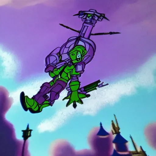 Prompt: mechs flying through purple clouds, in the style of Disney's Peter Pan