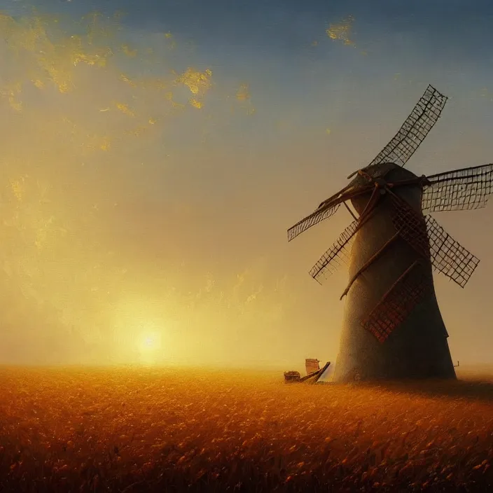 Image similar to a beautiful painting of a windmill in a golden wheat field by ivan aivazovsky and greg rutkowski and rhads, in style of digital art. hyper detailed, sharp focus, soft light. octane render. ray tracing. trending on artstation