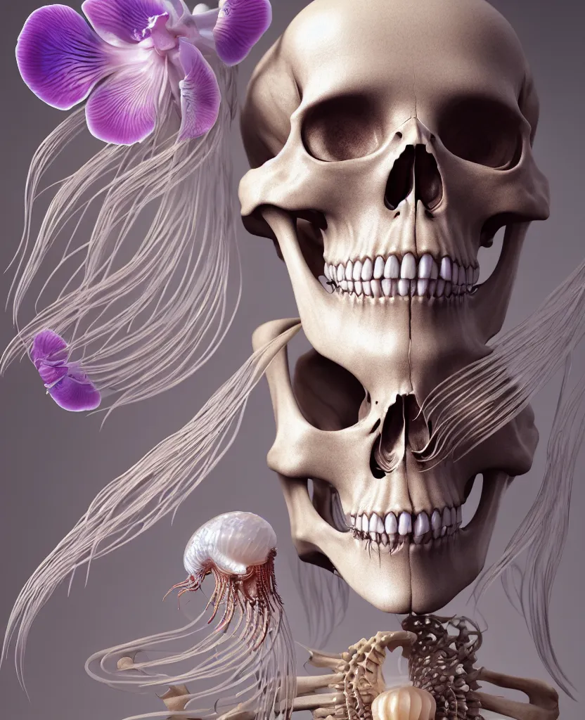 Image similar to goddess close - up portrait human skeleton, ram skull, jellyfish, orchid, betta fish, bioluminiscent, intricate artwork by tooth wu and wlop and beeple. octane render, trending on artstation, greg rutkowski very coherent symmetrical artwork. cinematic, hyper realism, high detail, octane render, 8 k