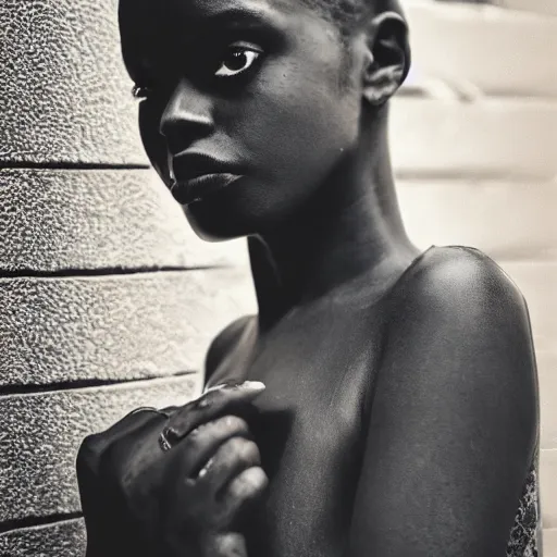 Image similar to portrait face of a beautiful gorgeous black edgy model girl with short hair, bikini, she's sad, sunset, street of africa, 8 0 mm lens, 1. 2 aperture, grainy image, close up, cinematic light, 8 k, 4 k, flair, neon lights, very detailed, depressing atmosphere, cover magazine