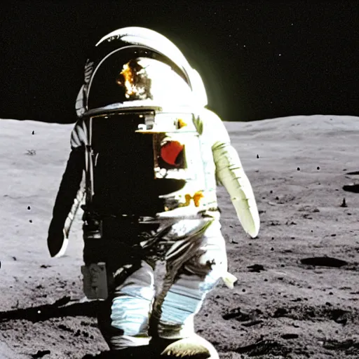 Image similar to penguin wearing spacesuit helmet, standing next to the Apollo lunar lander module, on the lunar surface. TV footage