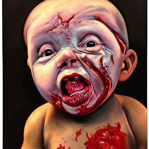 Image similar to oil painting by christian rex van minnen of a portrait of an extremely bizarre disturbing mutated baby with intense chiaroscuro lighting perfect composition, baby scarred, burns, horrible, disgusting, terrifying, award winning painting