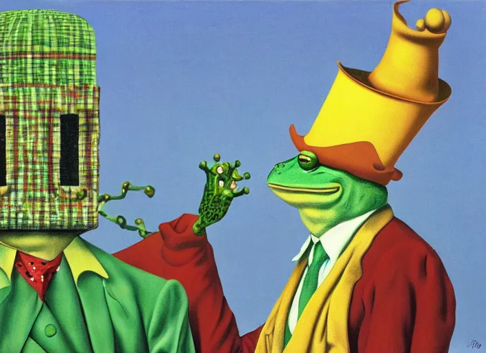 Image similar to The Frog King welcomes you Clown World, painting by René Magritte and Robert Crumb