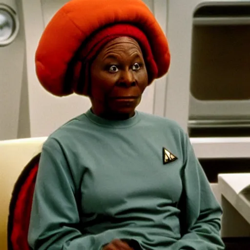 Image similar to guinan from star trek wearing random kitchen tools on her head on the starship enterprise, no hair, played by a middle aged whoopi goldberg