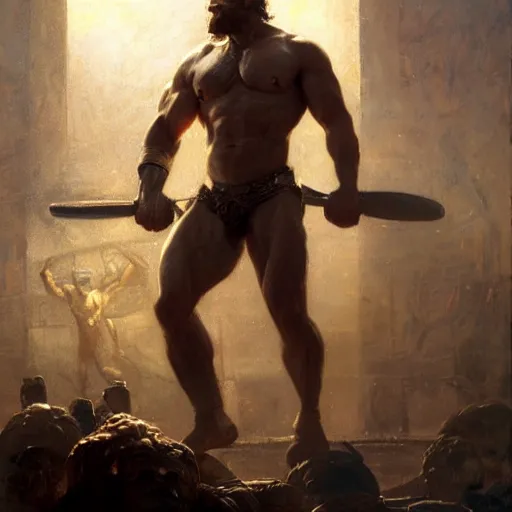 Prompt: handsome portrait of a spartan guy bodybuilder posing, radiant light, caustics, war hero, apex legends, by gaston bussiere, bayard wu, greg rutkowski, giger, maxim verehin