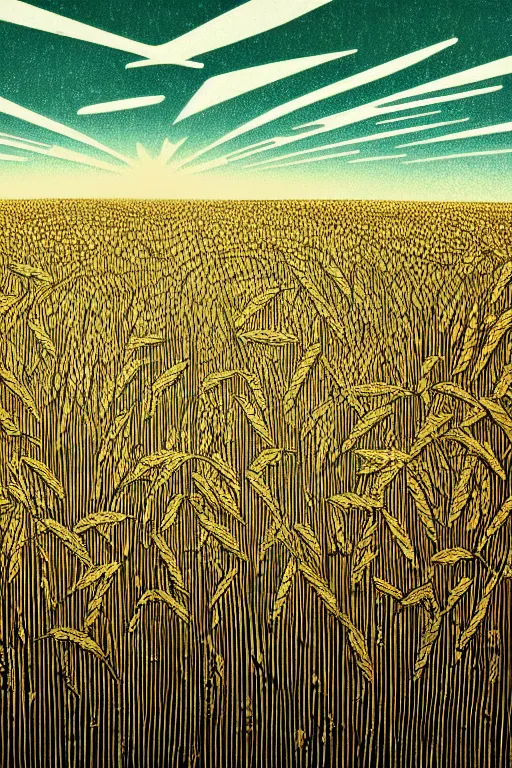 Prompt: a beautiful linocut print of a field of wheat, 8 k, frostbite 3 engine, cryengine, dof, trending on artstation, digital art, crepuscular ray, by grabado mexico