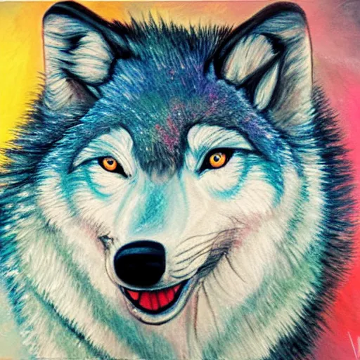 Image similar to painting of retarded wolf, vivid colors