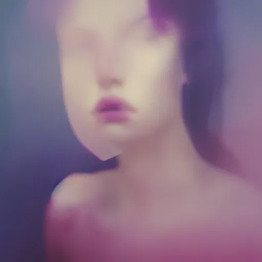Prompt: A vibrant studio portrait photograph of a beautiful millennial woman by Alessio Albi and Nina Masic, trending on instagram, soft focus, vertical portrait, natural lighting, double exposure, f1.8, 50mm, instax, polaroid, classic chrome, film grain, light cyan, lavender blush, cinematic lighting