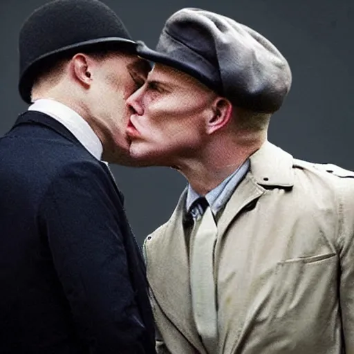 Image similar to benjamin netanyahu kissing tommy shelby, photorealistic, detailed