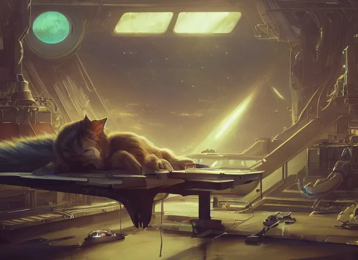 Image similar to alien space cat sleeping on a mechanics workbench in a spaceport with their android owner repairing a ship in the background in a space opera ghibli animated film, volumetric lighting, octane render by stanley artgerm lau, greg rutkowski, thomas kindkade, alphonse mucha, loish, norman rockwel, highly detailed