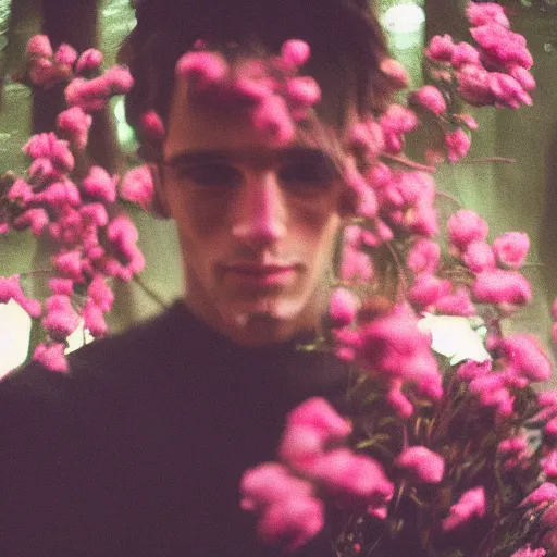 Image similar to close up kodak portra 4 0 0 photograph of a skinny guy standing in dark forest, face covered in flowers, moody lighting, telephoto, 9 0 s vibe, blurry background, vaporwave colors, faded!,