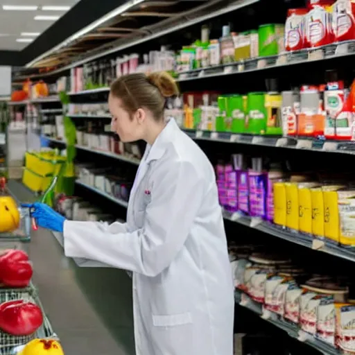 Prompt: a scientist in a lab coat shopping for groceries